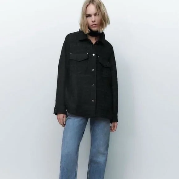 Zara Black Tweed Oversized Shirt Jacket, Size Small - Picture 2 of 16